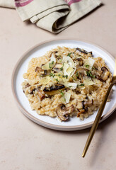 Risotto with mushrooms, cheese and thyme. Vegetarian food. Italian food.
