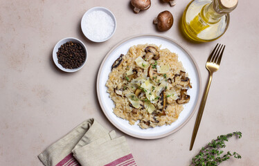 Risotto with mushrooms, cheese and thyme. Vegetarian food. Italian food.