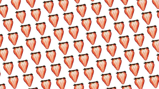 Motion graphics pattern with many Ripe Strawberry slices with green leaves that wiggle and rotation on a white color background. 3 in 1 different sides and size animations for 10 sec.  Summer raw frui