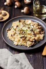 Risotto with mushrooms, cheese and thyme. Vegetarian food. Italian food.