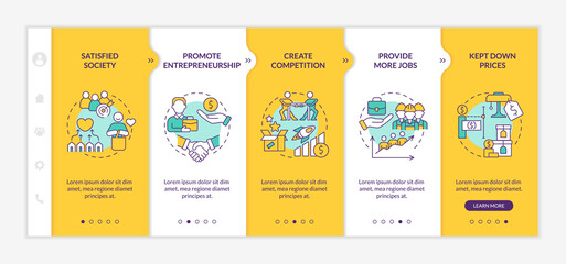 Naklejka premium Market economy advantages yellow onboarding template. Supply and demand. Responsive mobile website with linear concept icons. Web page walkthrough 5 step screens. Lato-Bold, Regular fonts used