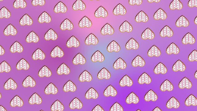 Interesting circular rotate animation pattern with Ginger cookie in shape heart on pastel pink icing on a trending ligh pink-purpule multi colored gradient background. 3 in 1 animations for 10 sec. Ro
