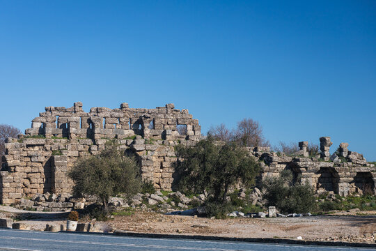 Roman Ruins At Greco-Roman City In Antalya Province Of Turkey. Ancient City Of Pamphylia.