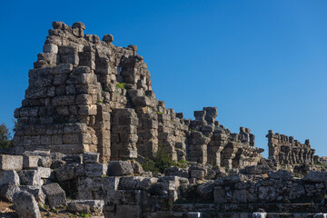 Fototapeta premium An antique ruined city of columns.Ruin. View of the ancient city in Side, Turkey.