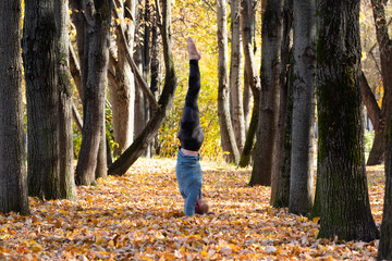 Sporty man practicing yoga in autumn park