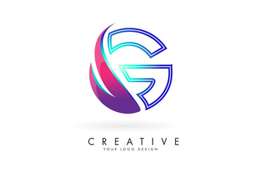 Outline Vector illustration of abstract letter G with colorful flames and gradient Swoosh design. Letter G logo with creative cut and shape.