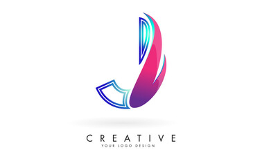 Outline Vector illustration of abstract letter J with colorful flames and gradient Swoosh design. Letter J logo with creative cut and shape.