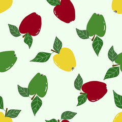 Seamless pattern with red, yellow and green apples. Vector hand-drawn illustration.