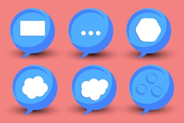 Set of six 3D speech bubble icons, set of pink 3D bubble chat icons. 3D Chat icon set, 3d pink speech bubble chat icon.
