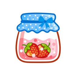 Glass jar with strawberry jam closed. Vector illustration with jam isolated in cartoon style.