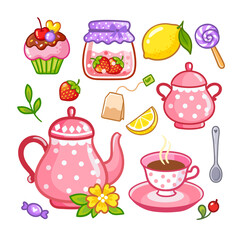 Vector set of illustrations on a tea theme and tea utensils. Cute cartoon collection with cakes.
