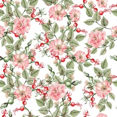 Foto op Canvas Beautiful watercolor seamless pattern with rose hip flowers and leaves. Illustration. © knopazyzy