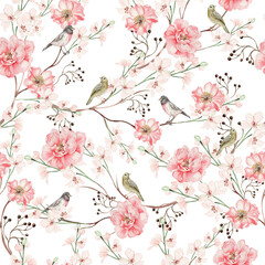 Obraz na płótnie Canvas Beautiful watercolor seamless pattern with rose hip flowers and leaves. Illustration.