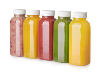 Row of various squeezed detox juice plastic bottles