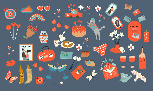Vector illustration of a big set of valentine's day elements. Lovers, hearts, love letterbox, lips and other elements.