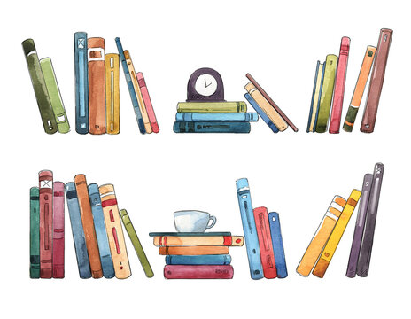 watercolor illustration of books, piles of books interior element.