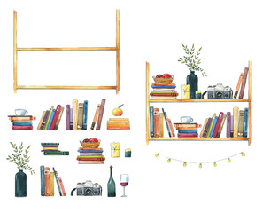Bookshelf with books and objects as element of room interior watercolor
