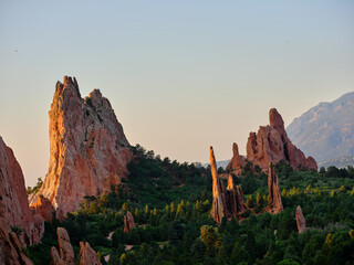 Red and orange sandstone monoliths at sunrise in Garden of the Gods Colorado Springs - 484713757