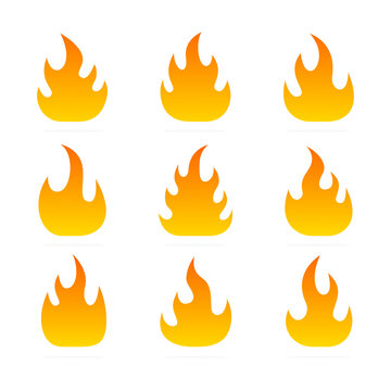 Fire flames set. Bonfire gradient elements collection. Vector isolated on white background.