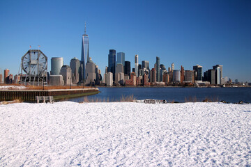 Downtown Manhattan with winter snow on the ground