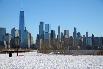 Downtown Manhattan with winter snow on the ground