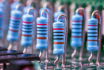 Electronics components resistors on board electrical circuits close-up