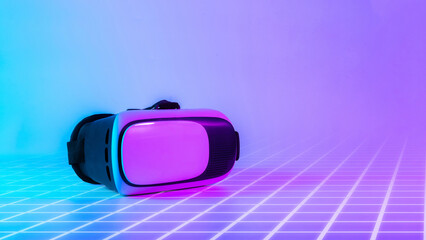 VR goggles virtual reality. 3d digital glasses on futuristic neon tech background. Augmented...