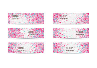 Set of six banners with pink and blue glitter confetti. Vector flyer design templates for wedding, invitation cards, save the date, business brochure design, certificates.