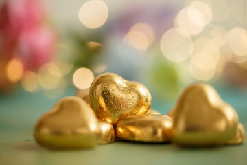 Heart shaped chocolates in golden foil on an old green table. Dark blurred background with bokeh. Wedding greeting glamor card.