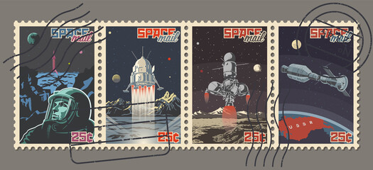 Retro Space Postage Stamps Style Illustrations, Spacecraft, Astronaut, Planets © koyash07