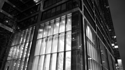 Amazing night cityscape. Office building at night, building facade with glass and lights. View with illuminated modern skyscraper. Scenic glowing windows of skyscrapers at evening. Black and white.