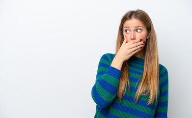 Young caucasian woman isolated on white background doing surprise gesture while looking to the side