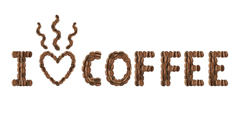 Phrase I Love Coffee made of roasted beans on white background, top view. Banner design