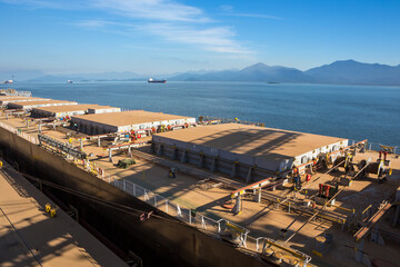 Bulk carrier cargo ship loaded with soy at sea port on sunny summer day. Concept of logistics,...