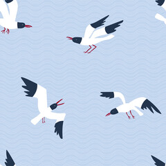 Seamless vector pattern with flying seagulls and waves on a blue background. 