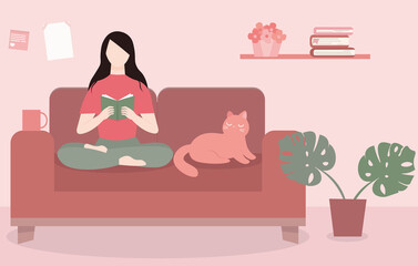 Cozy home hobby. A young woman sits on a sofa in her room and reads a book, a cat lies next to her. Flat vector illustration. Rest after a hard day. Return to resource state