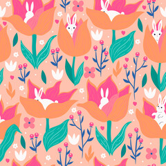 Seamless pattern with cute rabbits and tulips. Vector graphics.