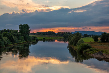 Naklejka na ściany i meble River Weser at sunset in Germany