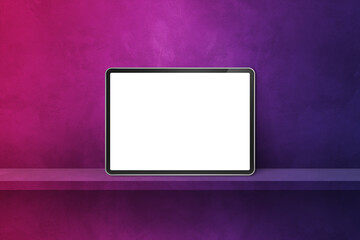 Digital tablet pc on purple wall shelf. Horizontal background banner