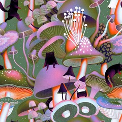 Colourful seamless pattern with psychedelic mushrooms and black cats.