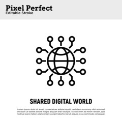 Shared digital world, metaverse development thin line icon. Pixel perfect, editable stroke. Vector illustration.