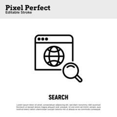 Searching in internet. Magnigying glass on web page thin line icon. Pixel perfect, editable stroke. Vector illustration.