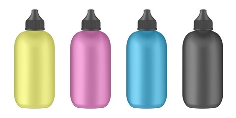 Inkjet printer refillable ink CMYK bottles. Realistic 3D vector illustration. Refilling. Cyan, magenta, yellow, key. Red, blue, yellow and black printer paint containers