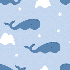 Seamless vector pattern with whales and icebergs in the north sea. 