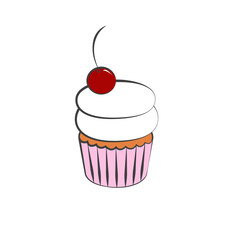 Vector image of a cupcake with white cream and cherry in a pink wrapper. 
Sweet food icon for menus, cafes, restaurants, banner, poster or web header.