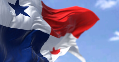 Detail of the national flag of Panama waving in the wind on a clear day