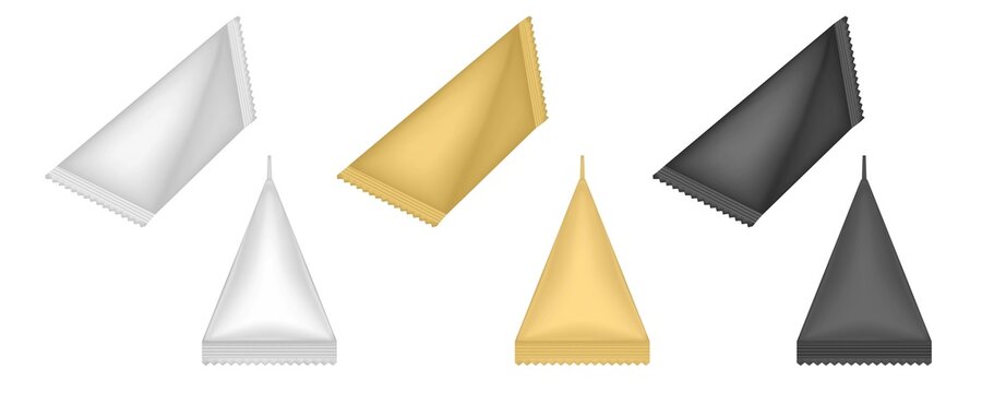 Tetrahedral packaging set. Triangular cardboard package for beverage, juice and milk. Liquid product carton package. Korean cosmetics box. White, gold and black packing.
