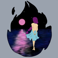 A girl with purple hair, in a sea-green summer dress with an open back, walks at night on the quiet water surface of the ocean in complete silence.