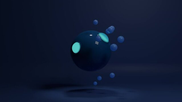 Loop 3d animation of a fantastic sphere with a dark place and glowing bubbles, balls popping out of it. Abstract background.
