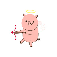 Cute Pig on white background. Pig character design. Happy Valentine's day. Character Cartoon Little Pig Cupid shooting a love, bow and arrow flying on white wings.